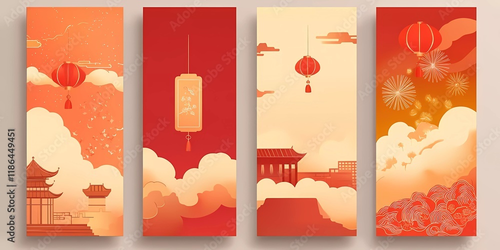 Aufkleber chinese new year background vector, red and gold color scheme with fireworks patterns on the left si