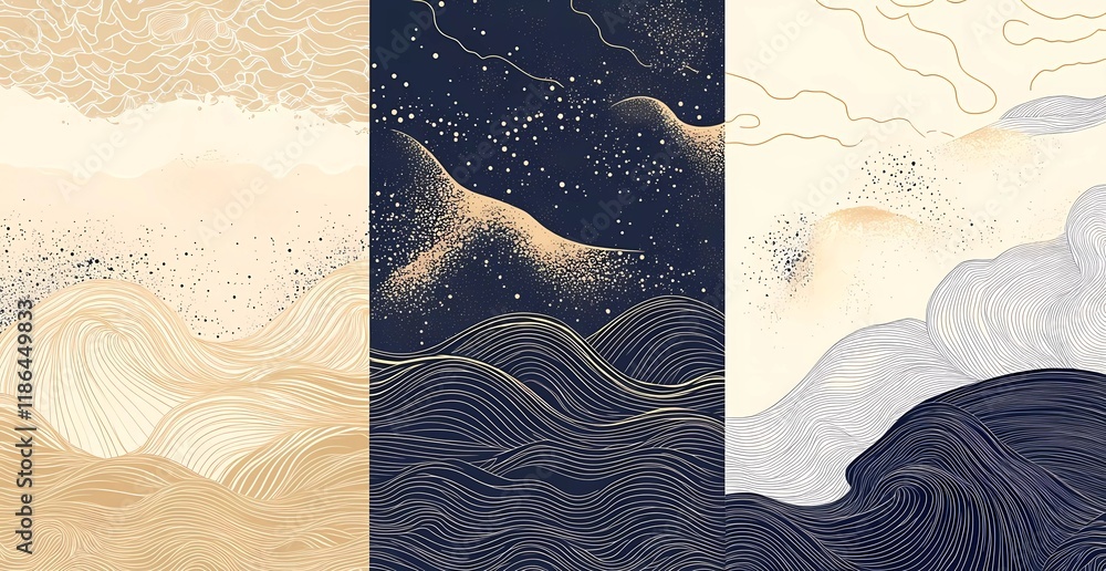 Poster abstract vector background with a traditional japanese wave pattern in a line art style. hand-drawn 