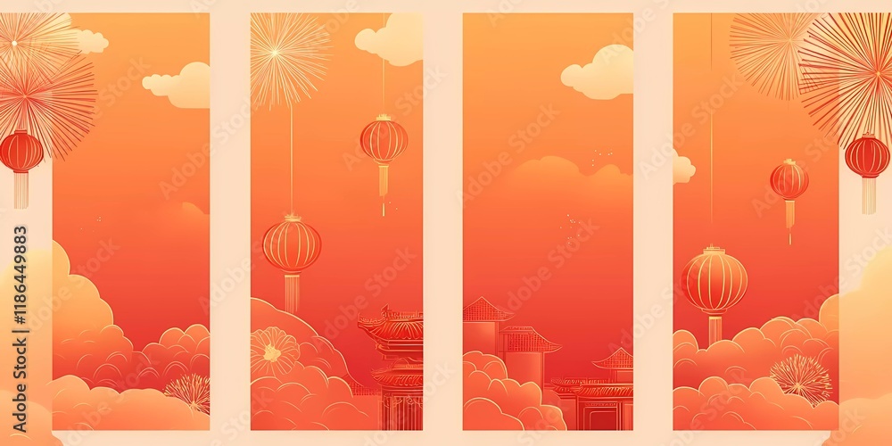 Aufkleber chinese new year background vector, red and gold color scheme with fireworks patterns on the left si