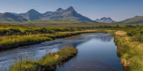 Fototapeta premium A serene landscape featuring mountains, a river, and lush greenery under a clear blue sky.