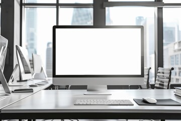 Fototapeta premium Minimalist office with a white monitor screen, open for creative designs