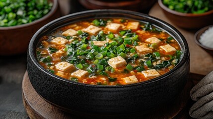 Spicy tofu soup with greens in a dark bowl.