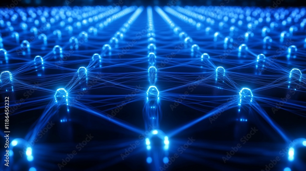 Aufkleber abstract blue background with glowing connections and dots, a technology concept banner for a digita