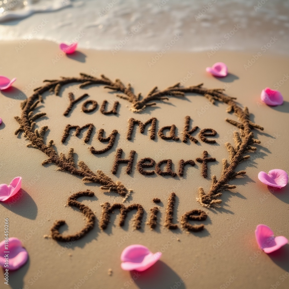 Poster the image is a close-up of a heart-shaped text written in the sand on a beach. the text reads 