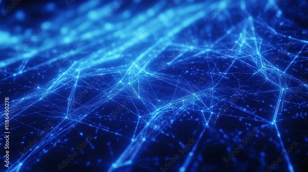 Aufkleber abstract blue background with glowing connections and dots, a technology concept banner for a digita