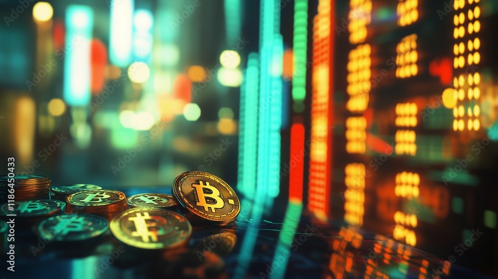 Poster a close-up of the bitcoin logo with stock market charts in the background, showing a red arrow point