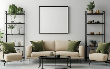 Modern living room interior design, beige sofa, plants, shelves. Use home decor inspiration