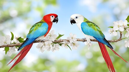 Obraz premium Two Colorful Macaws on Cherry Blossom Branch