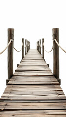 Obraz premium Rustic Wooden Dock Path Ocean View, Summer, Travel, Adventure, Journey, Exploration, Wooden Plank Walkway, Rope Railings, Isolated