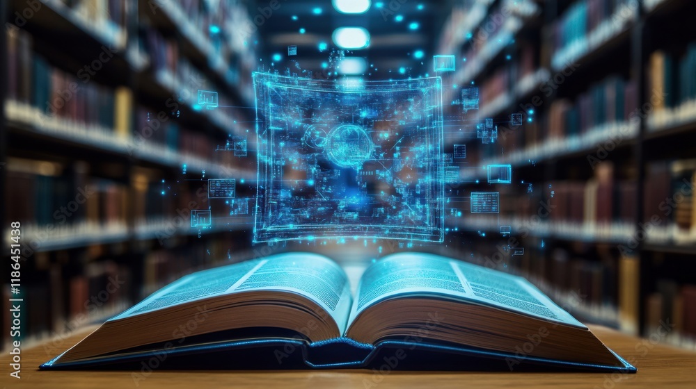 Poster digital transformation of learning: open book with holographic data in library