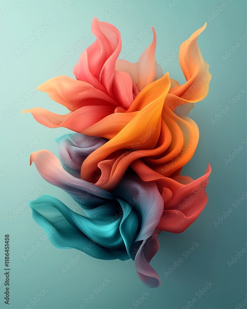 Poster mesmerizing chromatic interplay flowing iridescent shape with tie dye motif in serene surrealist abs