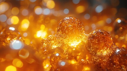 Glowing amber liquid spheres, bokeh background.