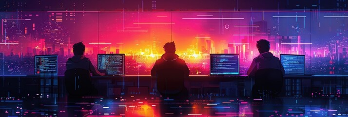 Creative software developers brainstorming and coding together in a lively environment