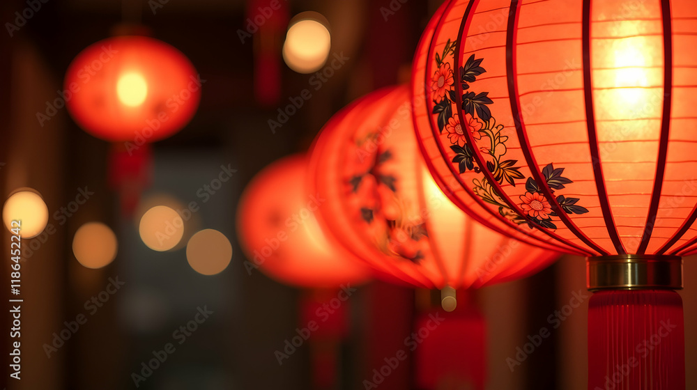 Poster illuminated red lanterns adorned with floral patterns cast a warm, festive glow, creating a magical 
