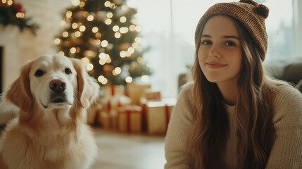 Christmas Cheer with Golden Retriever: A teenage girl with long brown hair, wearing a cozy knit beanie, sits beside her loyal golden retriever.