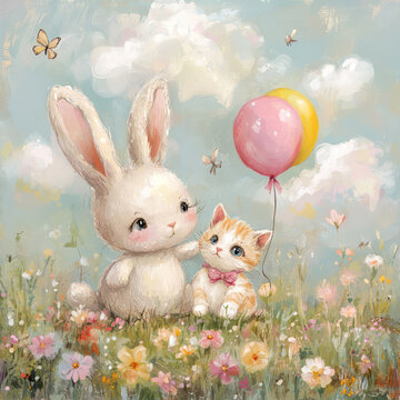 Floppy-Eared Bunny and Bow-Wearing Kitten in a Whimsical Flower Meadow 