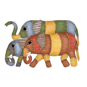 Traditional Indian folk art illustration of three colorful elephants in Gond or Madhubani style. Elegant hand-drawn decorative animals with intricate line work and patchwork patterns 