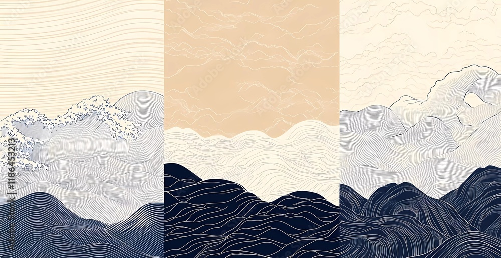 Aufkleber set of vector backgrounds with a japanese wave pattern in a line art style, featuring a simple, mini