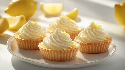 Lemon Tartlets: Four delightful mini lemon tarts, adorned with swirls of creamy lemon filling and a dusting of lemon zest, are artfully arranged on a plate, accompanied by fresh lemon slices.  
