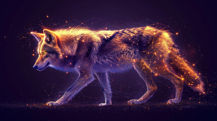 Majestic wolf walking through a starry night in a glowing fantasy landscape
