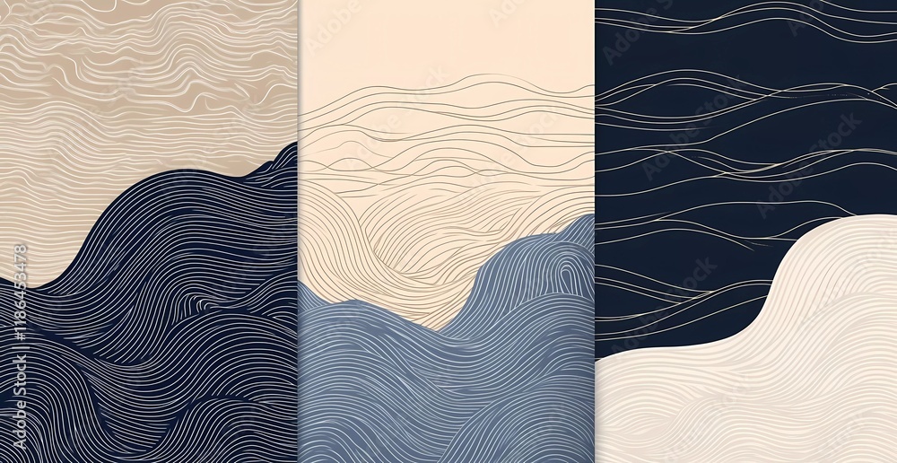 Poster Set of vector backgrounds with a Japanese wave pattern in a line art style, featuring a simple, minimalistic design with simple shapes.