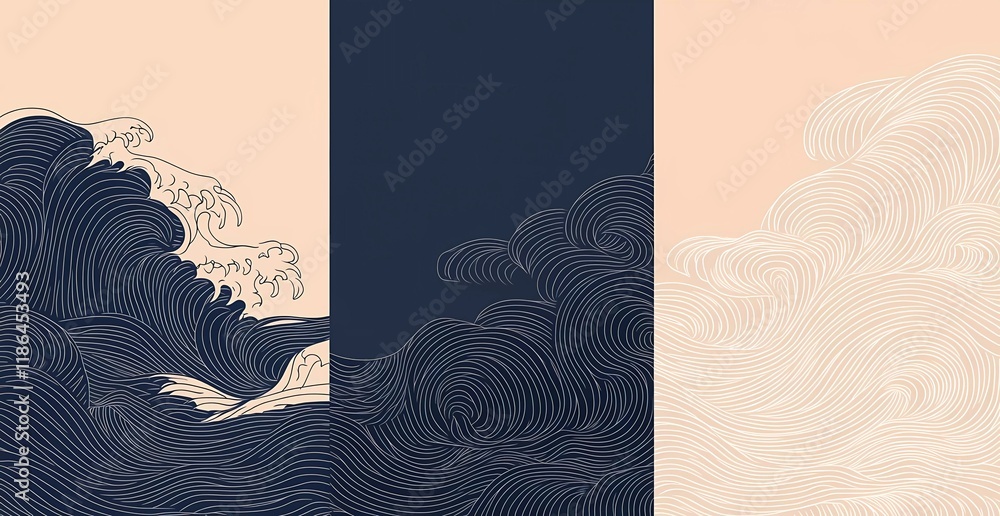 Poster Set of vector backgrounds with a Japanese wave pattern in a line art style, featuring a simple, minimalistic design with simple shapes.