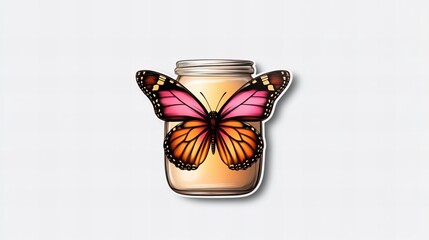 A vibrant illustration of a butterfly delicately perched inside a glass jar, creating a captivating image.