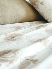 Obraz premium Elegant Beige Rose Floral Bedding Soft Fabric Texture Close Up View
