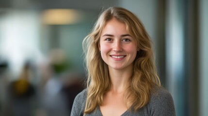 Fototapeta premium Smiling Woman Portrait: A young woman with shoulder-length blonde hair offers a warm, genuine smile, creating a friendly and approachable headshot ideal for various uses. 