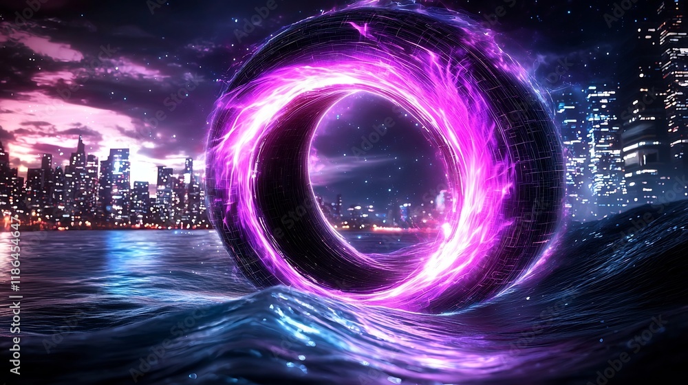 Aufkleber vibrant quantum fluctuations creating a captivating futuristic fractal cityscape enveloped in a neon