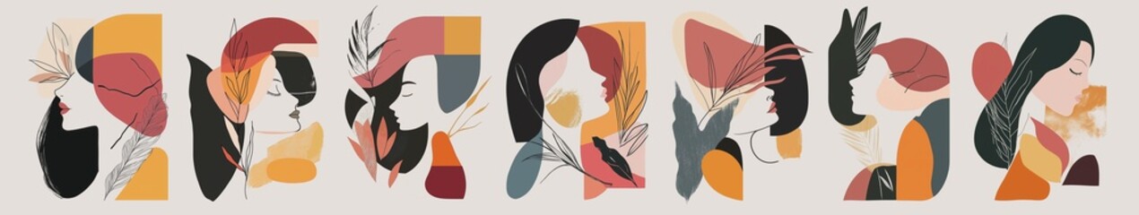 abstract shapes illustrating a portrait of a beautiful women, stylized woman portrait with floral and beauty symbols, minimalist illustration of feminine beauty
