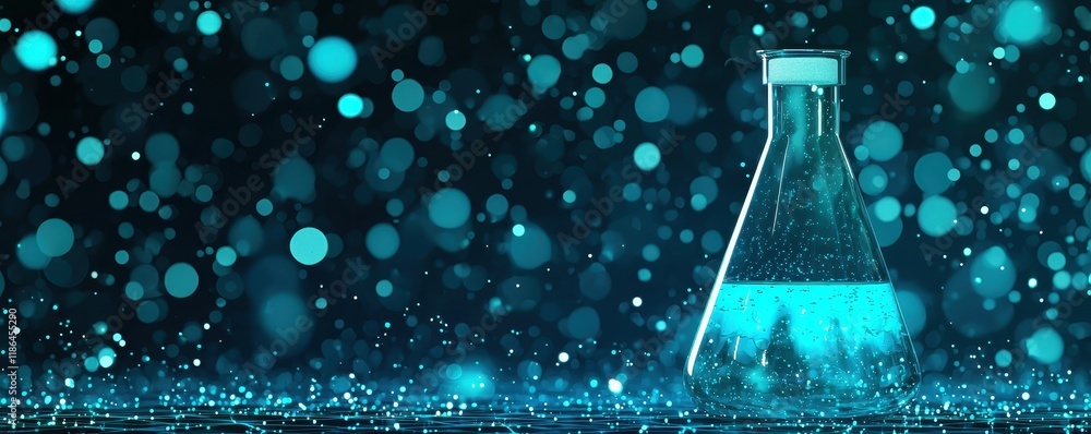 Poster erlenmeyer flask with glowing teal liquid abstract science background