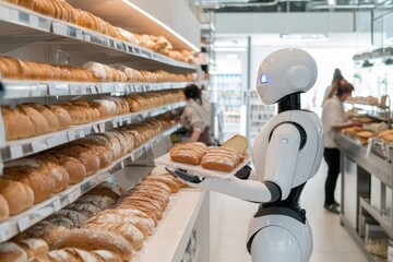 Robot Baker Assistant: A friendly-looking white robot carefully presents a tray of freshly baked bread in a modern bakery setting, showcasing the potential of automation in the food industry. 