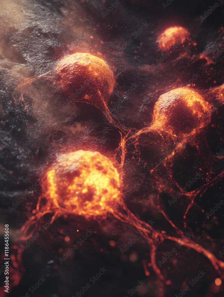 Aufkleber glowing edges of cancer cells highlighted in a dark environment during microscopic observation. gene