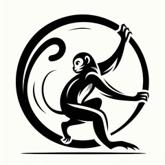 Black silhouette of a monkey in a climbing pose with long limbs, curved tail, and expressive face in a circular frame. Minimalist design with bold lines, showcasing agility and energy on a white backg