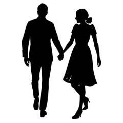 Couple holding hands while walking vector silhouette illustration on a white isolated background