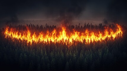 Devastating forest fire engulfing trees at dusk