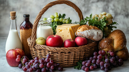 Bountiful harvest basket with fresh fruits, dairy, and baked goods on a rustic table