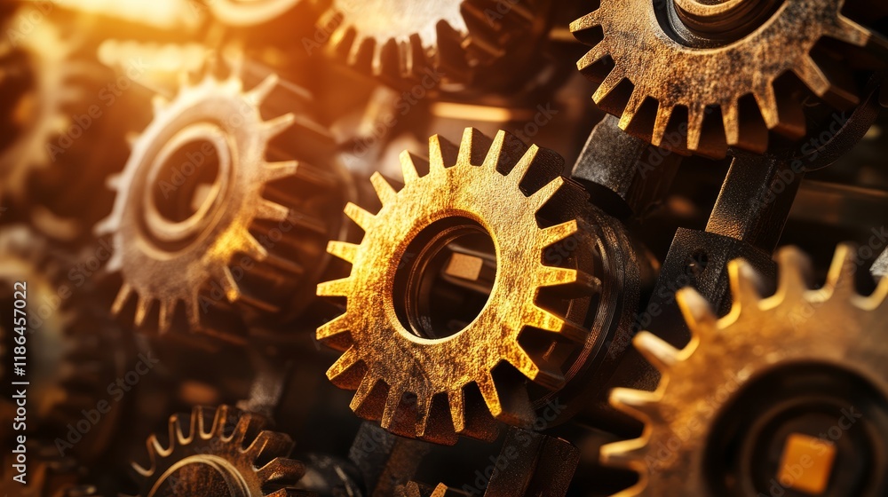 Poster mesmerizing array of gears on a wall, glimpse into industrial mechanics and design