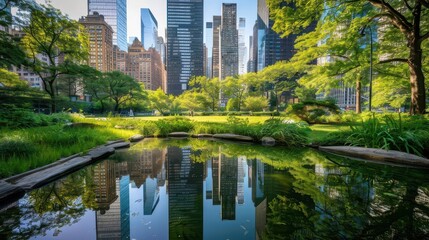 Fototapeta premium A serene park scene with a reflective pond amidst towering skyscrapers and lush greenery.