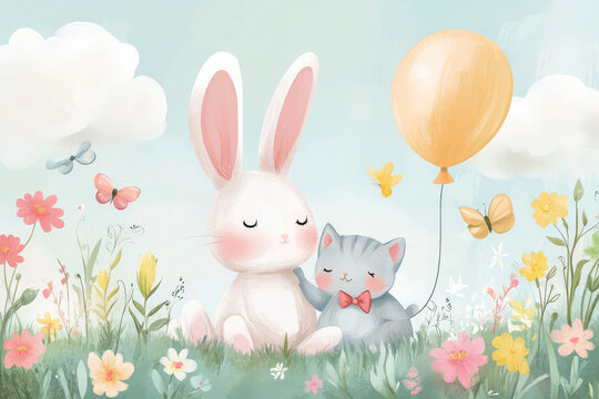 Bunny and Kitten in a Soft Pastel Meadow with Butterflies and Balloon