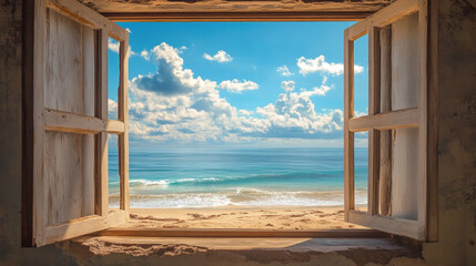 Wood window Beach window view ocean view seaside tropical nature landscape scene scenery wallpaper
