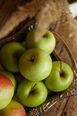 food photo of apples on a vintage tray in close-up in the style of a country house
