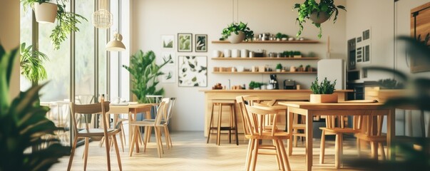 Modern coffee shop interior with natural wood furniture and hanging plants, cozy and inviting urban vibe.