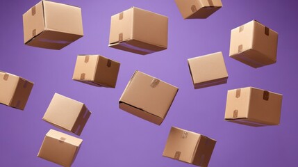 A Dynamic Arrangement of Falling Cardboard Boxes on a Vibrant Violet Background Showcasing the Concept of Shipping and Packaging in Motion