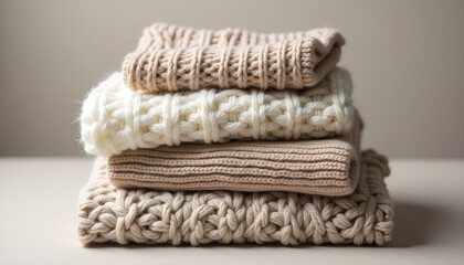 Fototapeta premium Neatly stacked knitted sweaters in soft neutral tones, showcasing cozy fashion and seasonal textile appeal 