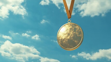 A gold medal hanging against a blue sky background with clouds