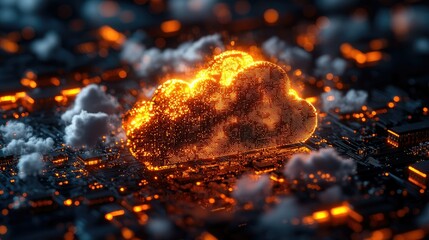 Fiery cloud computing server overload.