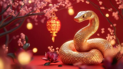 Fototapeta premium Chinese New Year 2025 featuring a golden snake coiled around a glowing traditional lantern,