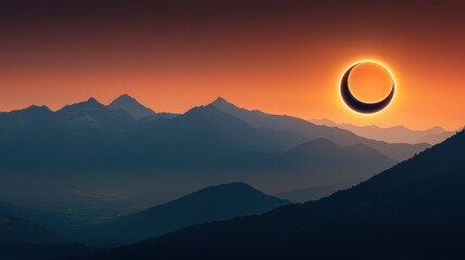 Fototapeta premium Dramatic Sunset Silhouette of Mountains with Partial Solar Eclipse